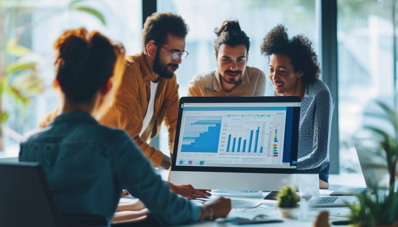 A group of people of a latinamerican services company seeing thheir financial reports and graphs on an ERP to take decisition for the next steps of th